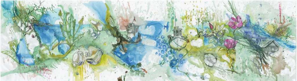 Landschaft mit Booten, Meer, Blumen in Dänemark