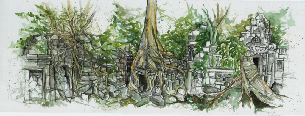 Zeichnung und Aquarell des Tempel in Kombodscha vor grünem Urwald.