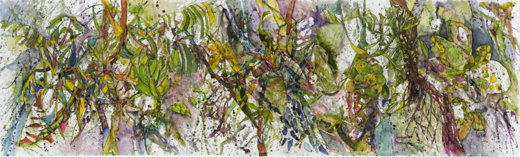 Aquarell eines Garten mit Bäumen, Bananen, Pflanzendetails.