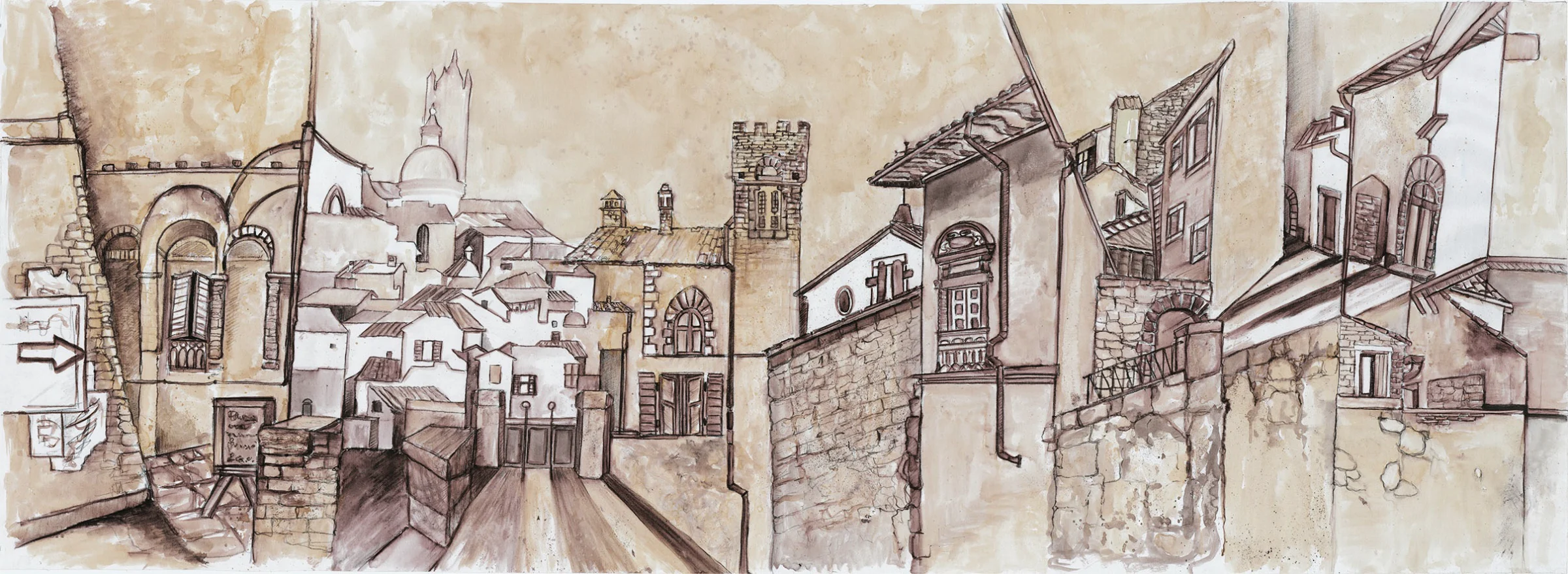 Stadtansicht aus der Toskana. Gemalt mit Espress, Farbstift und Auqarellfarben. Aquarell auf Leinwand, ca. 50 x 150 cm.