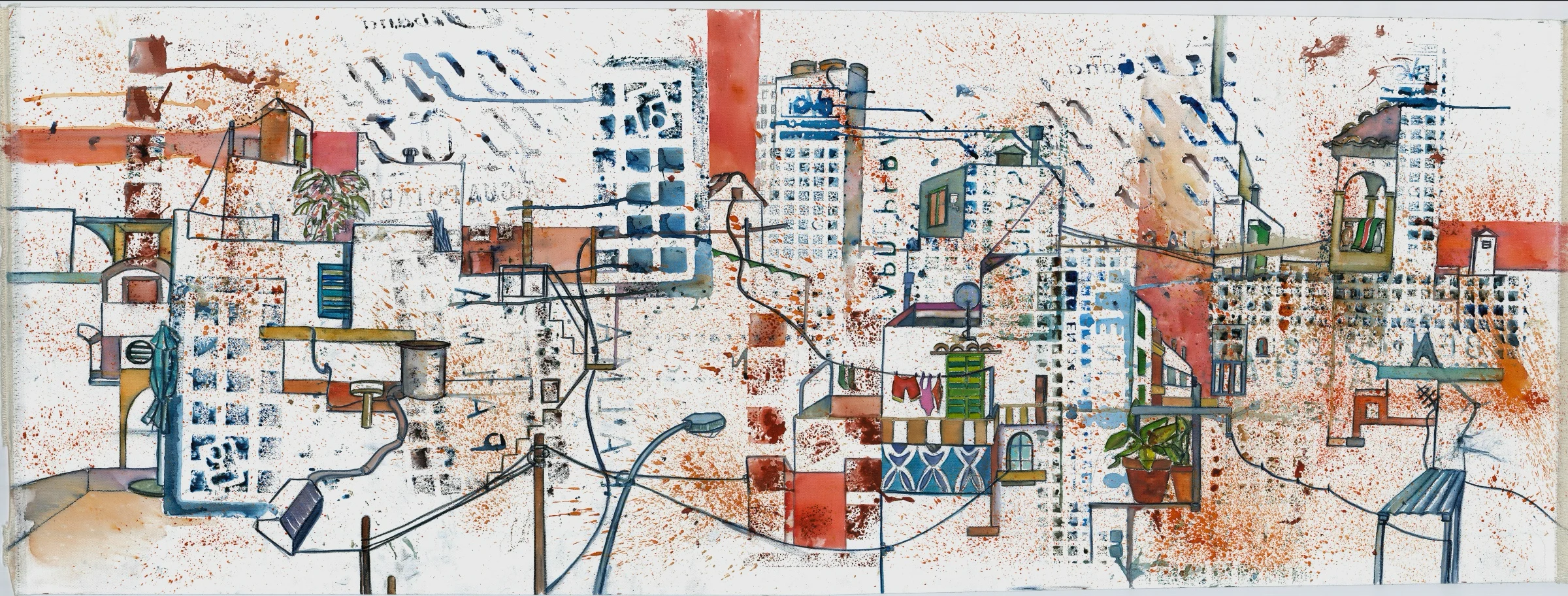 Aquarell mit Stadtansicht, skizzenhafte Darstellung.