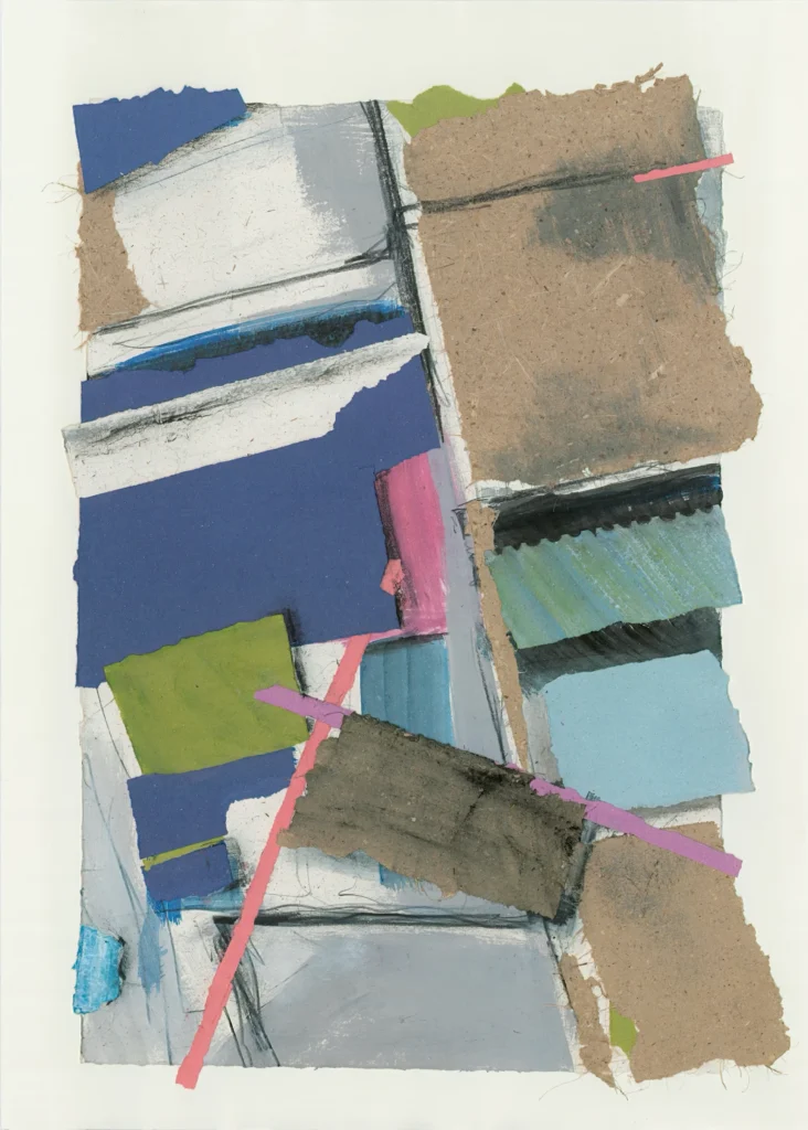 Collage aus farbigen Papier, Farbe und Natrupapieren.