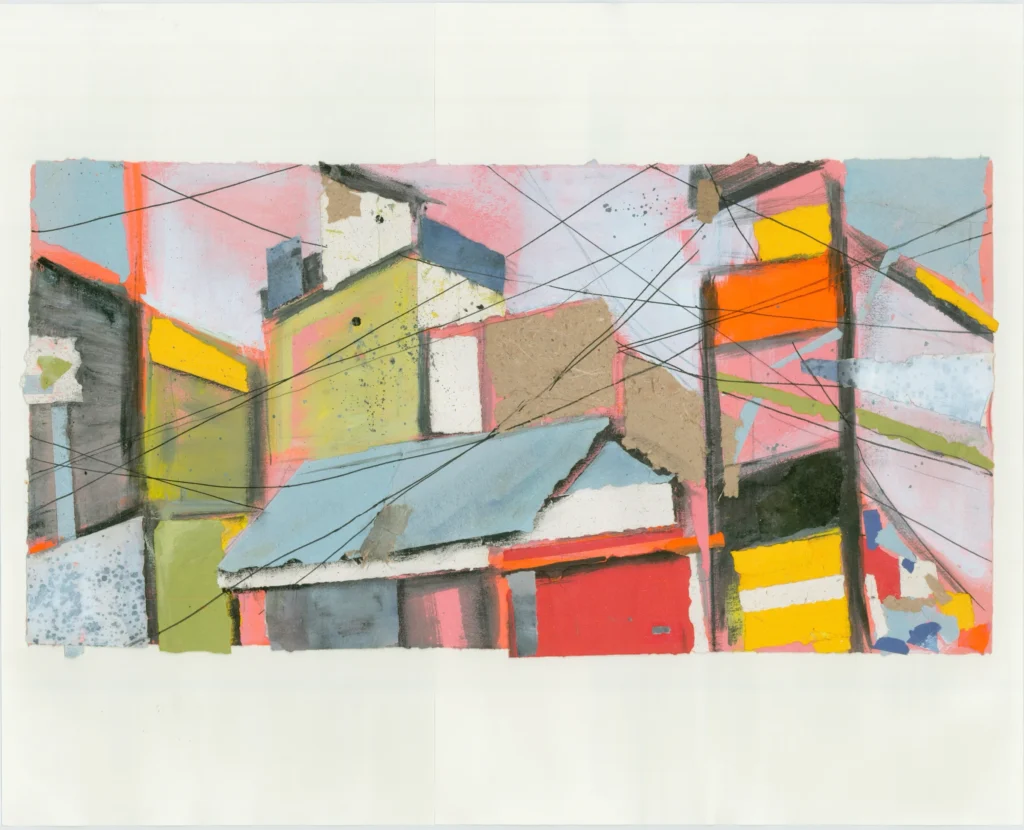 Collage einer Stadtlandschaft aus Naturpapieren und Farbe.