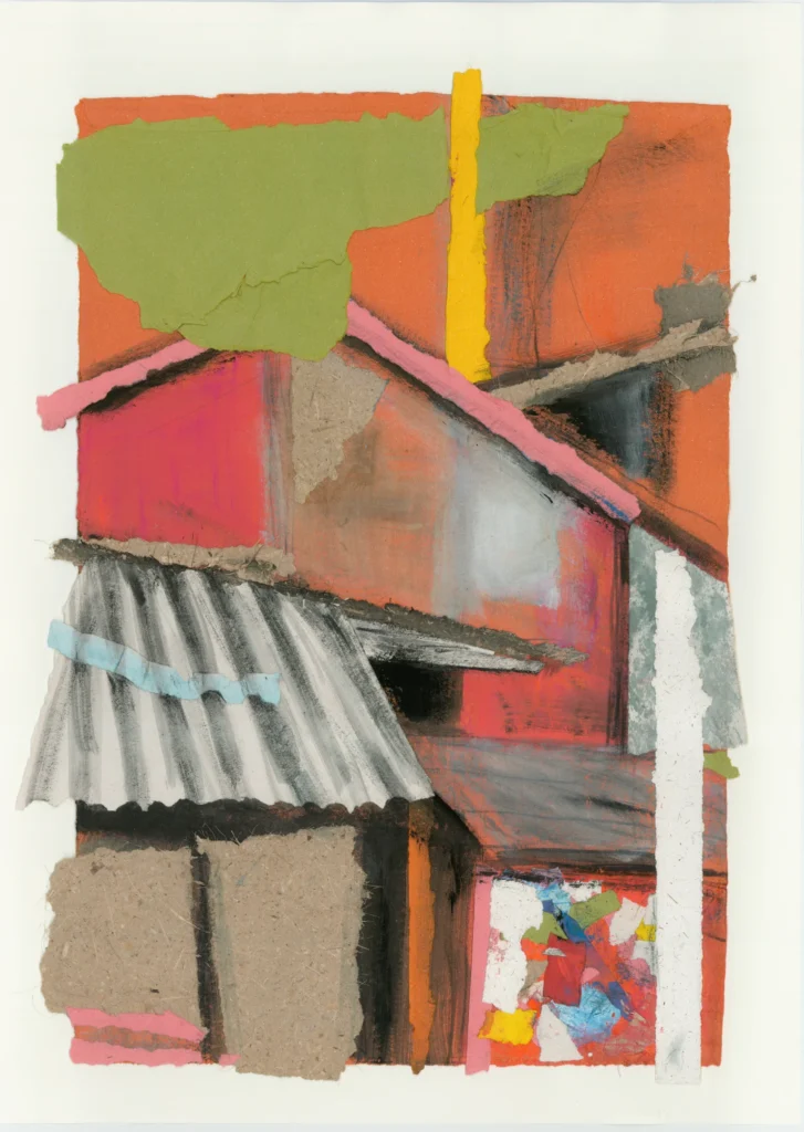 Collage aus Papier mit Häusern und Orangenen Farbflächen.